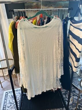Women's White Lace Tunic Top with Crochet Neckline